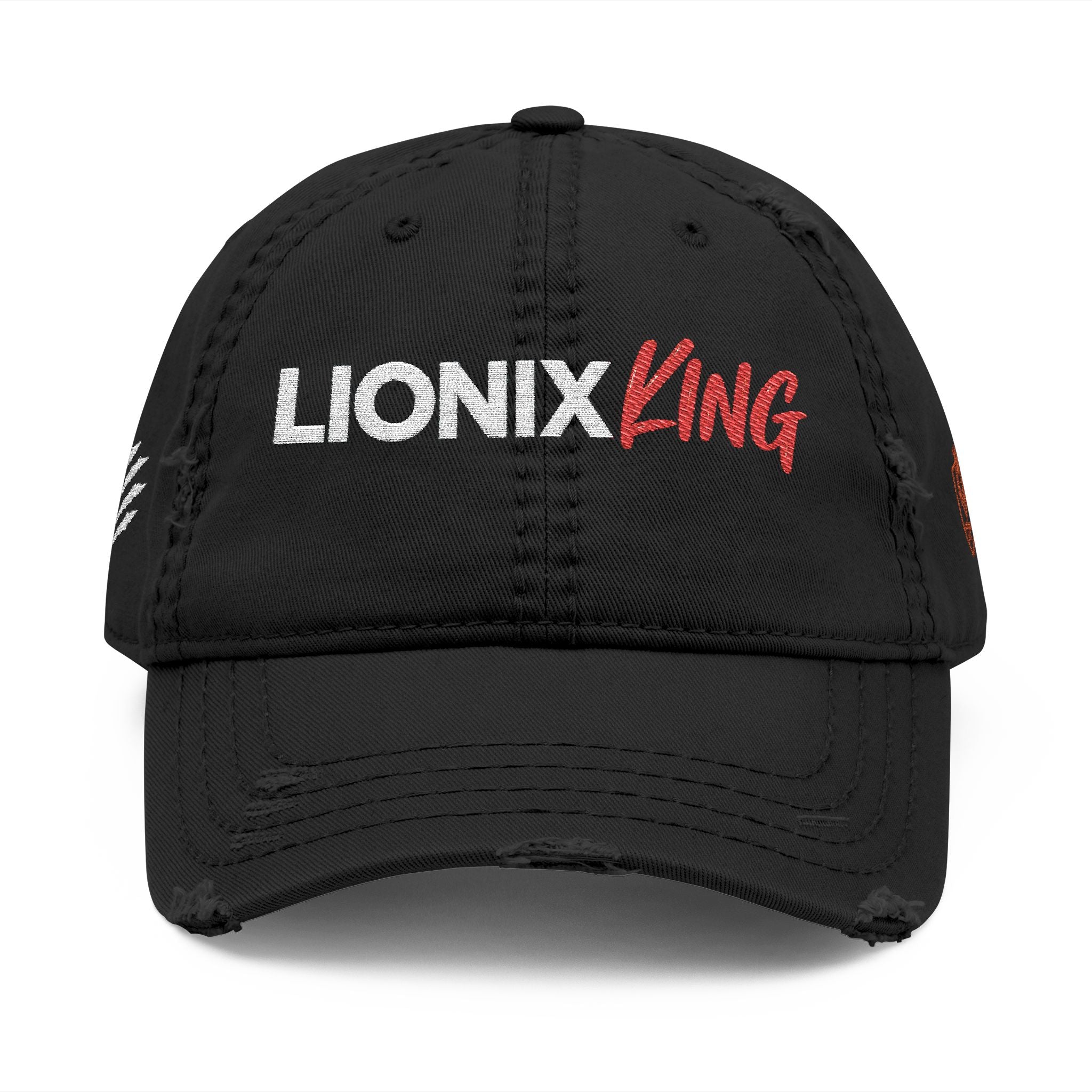 Lionix King Distressed Dad Hat Black and White and Red (Embroidery)