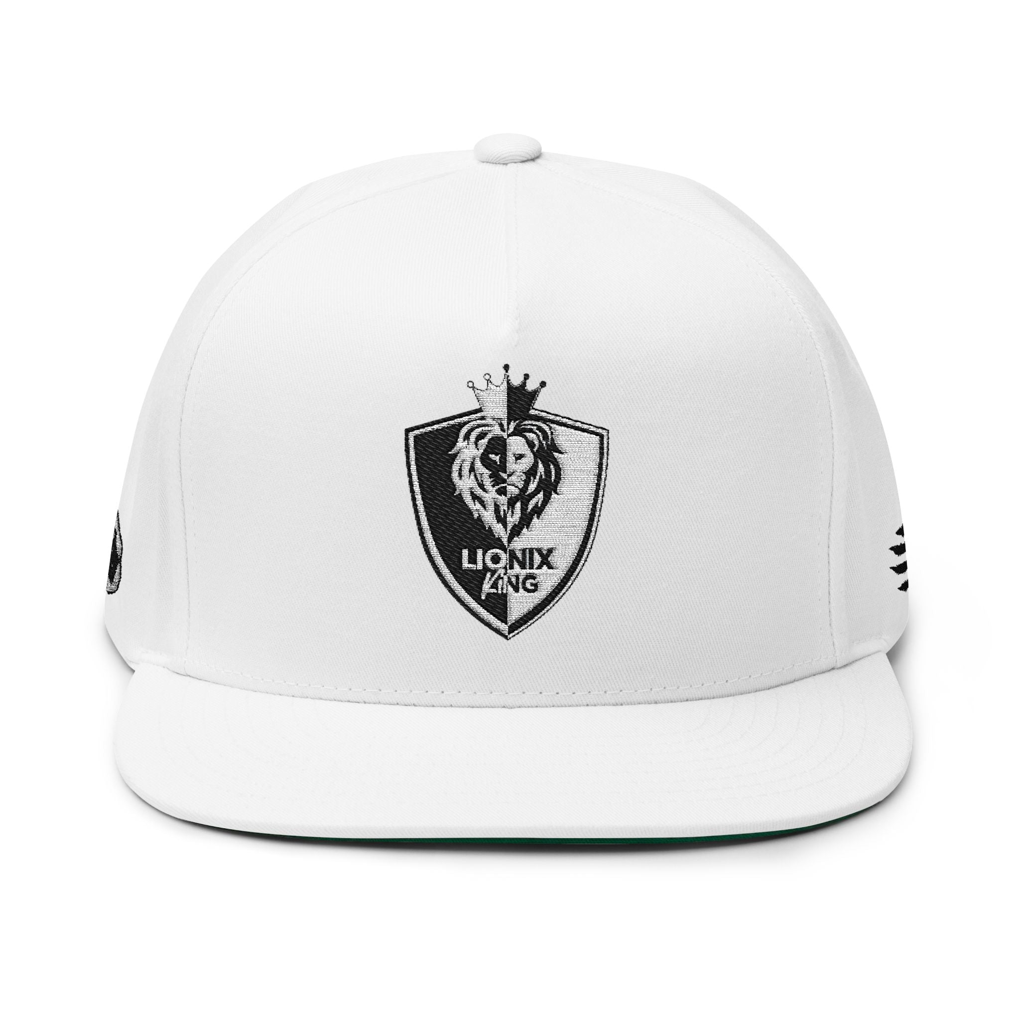 Lionix King Black and White Flat Bill Cap — Embroidered Lion King Crest Snapback