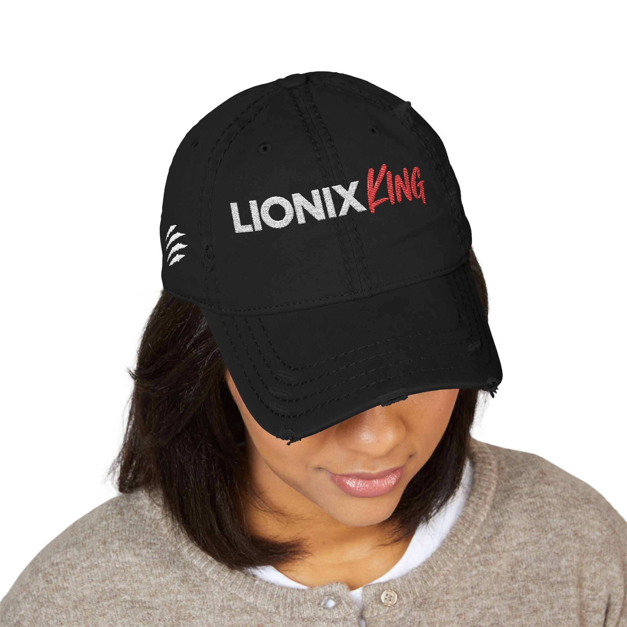 Lionix King Distressed Dad Hat Black and White and Red (Embroidery)
